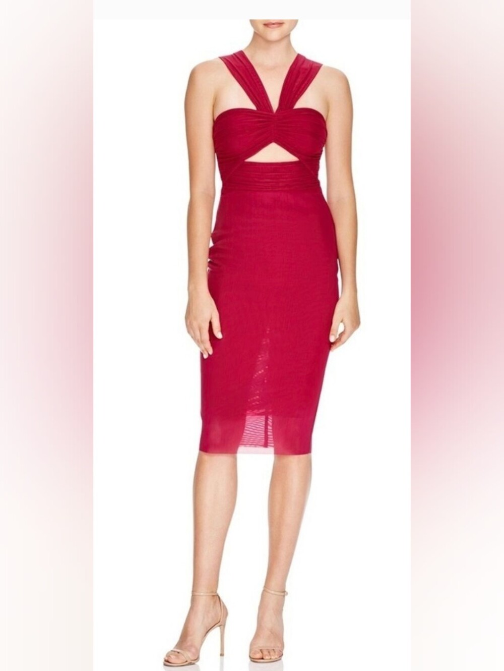NWT Bec & Bridge Athena Halter Ruched Mesh Cutout Midi Dress US 6